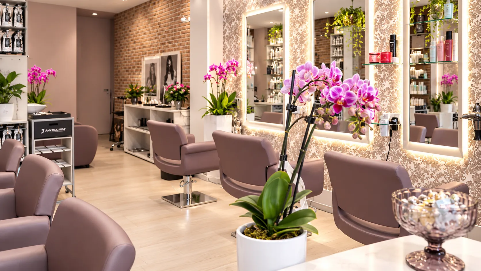Postazioni styling con orchidee nel salone Adeline Coiffeur a Balduina