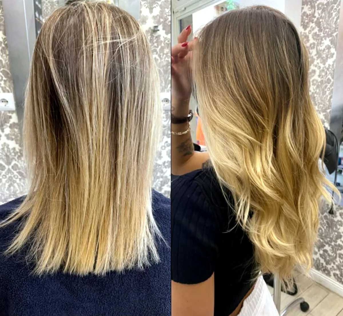 Prima e dopo extension biondo realizzate da Adeline Coiffeur